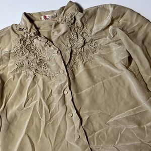 Vtg DA FU GUI Chinese Pure Silk Hand Embroidered Mandarin Blouse Sz 38 Beige Top